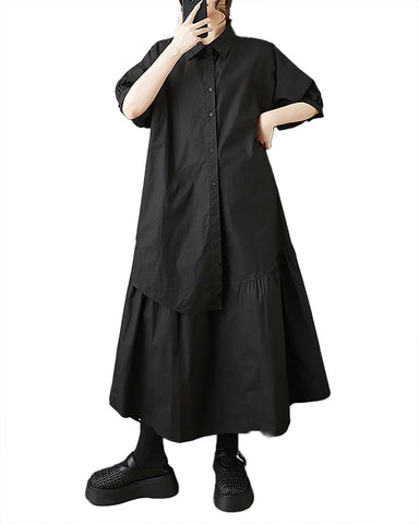 ellazhu Women's Dress Lapel Short Sleeve Solid Button Down Plus Size Maxi Flowy Hem Casual Fashion Summer GZ541 Black