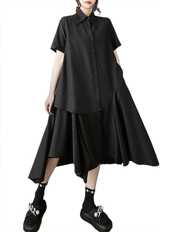 ellazhu Women's Dress Lapel Short Sleeve Solid Button Down Pockets Irregular Asymmestrical Hem Summer Plus Size Maxi Casual GZ542 Black