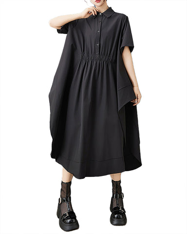 ellazhu Women's Dress Lapel Batwing Sleeve Button Solid Side-Split Irregular Asymmestrical Hem Elastric Waist GZ543 Black