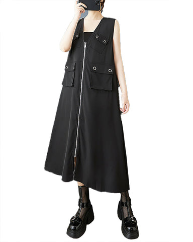 ellazhu Women's Dress V-Neck Zip Up Pocket Solid Sleeveless Flowy Hem Casual Fashion Summer GZ546 Black