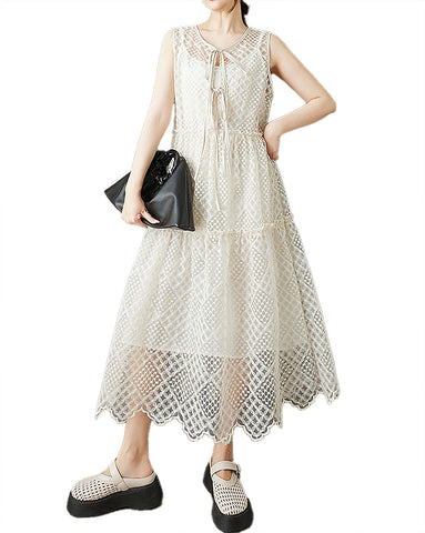 ellazhu Women's Dress Crewneck Mesh Tulle Ruffle Drawstring Solid Sleeveless Irregular Hem Midi Summer GZ547 Beige