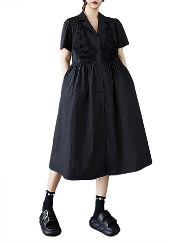 ellazhu Women's Shirt Dress Tulle Short Sleeve Button Down V-Neck Solid Plus Size Flow Hem GZ548 Black