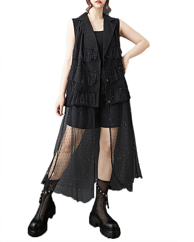 ellazhu Women's Shirt Dress V-Neck Sleeveless Solid Button Down Mesh Tulle Hem Plus Size Maxi Summer Casual GZ549 Black
