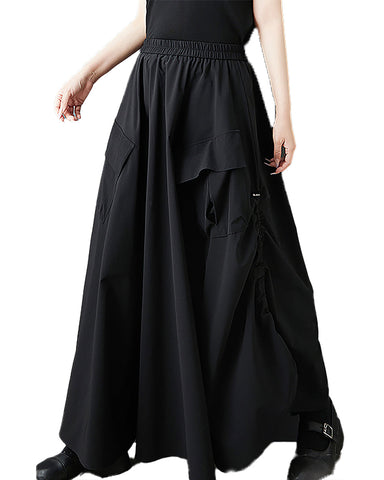 ellazhu Women's Skirt Elastic Waist Pockets Plus Size Solid Casual Fashion Maxi GZ550 Black