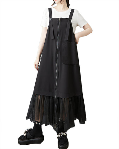ellazhu Women's Pants Overalls Solid Zip UP Two Side Pockets Tulle Hem Fashion Casual Plus Size Maxi GZ552 Black