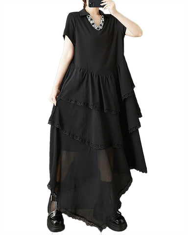 ellazhu Women's Dress V-Neck Short Sleeve Solid Chiffon Irregular Hem Casual Fashion Summer GZ553 Black