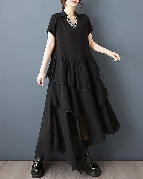 ellazhu Women's Dress V-Neck Short Sleeve Solid Chiffon Irregular Hem Casual Fashion Summer GZ553 Black