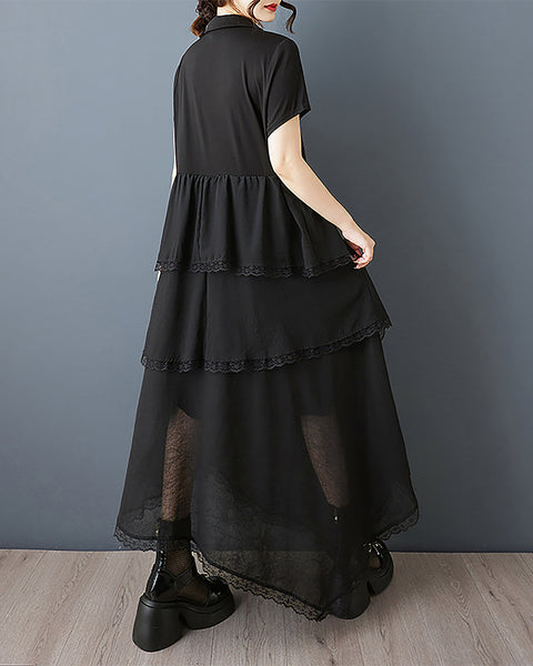 ellazhu Women's Dress V-Neck Short Sleeve Solid Chiffon Irregular Hem Casual Fashion Summer GZ553 Black