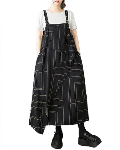 ellazhu Women's Pants Printed Plus Size Patterned Irregular Hem Adjustable Suspender Fashion Casual GZ554 Black