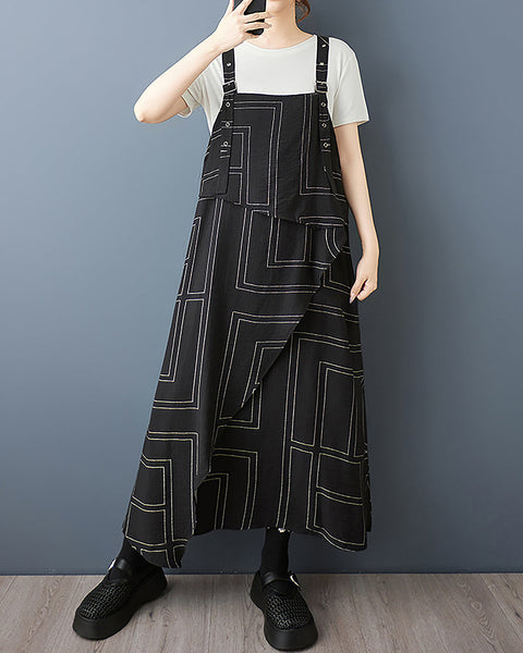 ellazhu Women's Pants Printed Plus Size Patterned Irregular Hem Adjustable Suspender Fashion Casual GZ554 Black