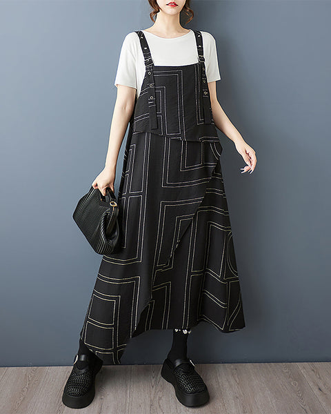 ellazhu Women's Pants Printed Plus Size Patterned Irregular Hem Adjustable Suspender Fashion Casual GZ554 Black