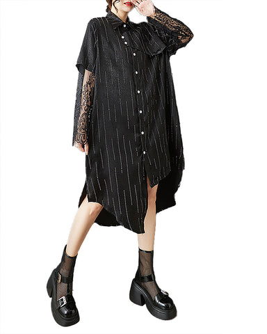 ellazhu Women's Dress Striped Lapel Button Down Lace Tulle Short Sleeve Irregular Hem Fashion Casual GZ555 Black