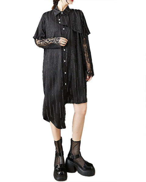 ellazhu Women's Dress Striped Lapel Button Down Lace Tulle Short Sleeve Irregular Hem Fashion Casual GZ555 Black