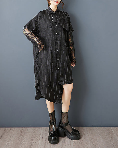 ellazhu Women's Dress Striped Lapel Button Down Lace Tulle Short Sleeve Irregular Hem Fashion Casual GZ555 Black