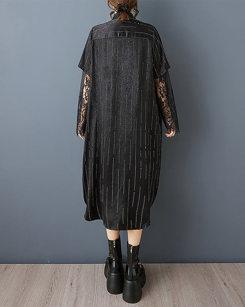 ellazhu Women's Dress Striped Lapel Button Down Lace Tulle Short Sleeve Irregular Hem Fashion Casual GZ555 Black