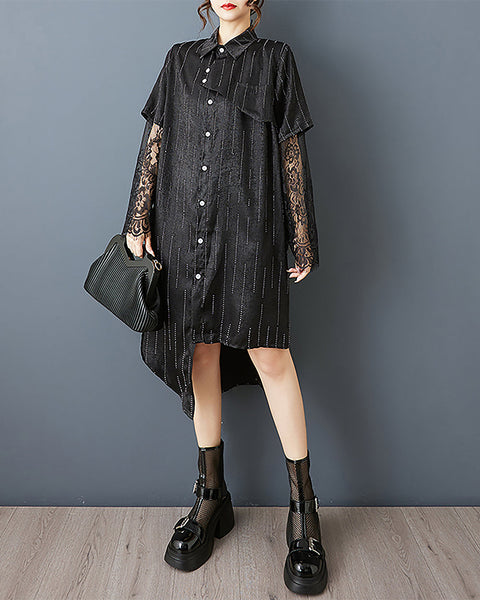 ellazhu Women's Dress Striped Lapel Button Down Lace Tulle Short Sleeve Irregular Hem Fashion Casual GZ555 Black