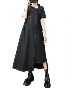 ellazhu Women's Dress Solid Short Sleeve Button Down Irregular Hem Two Side Pockets Cowlneck Casual Fashion Plus Size GZ556 A Black