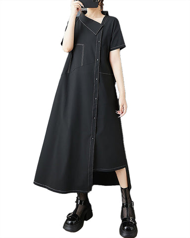 ellazhu Women's Dress Solid Short Sleeve Button Down Irregular Hem Two Side Pockets Cowlneck Casual Fashion Plus Size GZ556 A Black