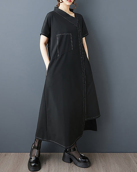 ellazhu Women's Dress Solid Short Sleeve Button Down Irregular Hem Two Side Pockets Cowlneck Casual Fashion Plus Size GZ556 A Black