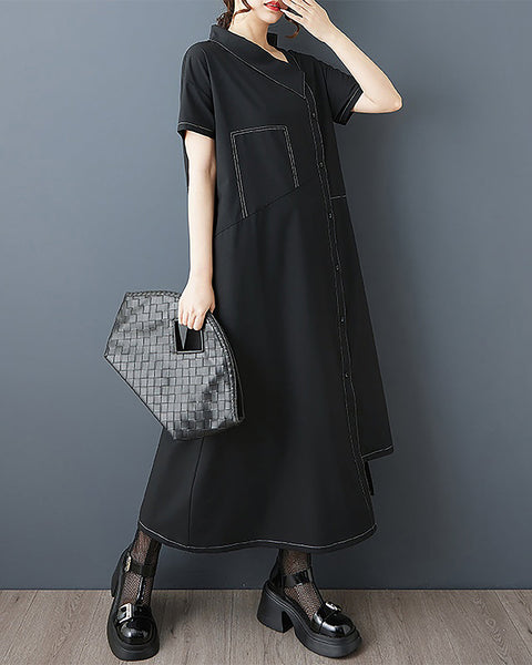 ellazhu Women's Dress Solid Short Sleeve Button Down Irregular Hem Two Side Pockets Cowlneck Casual Fashion Plus Size GZ556 A Black