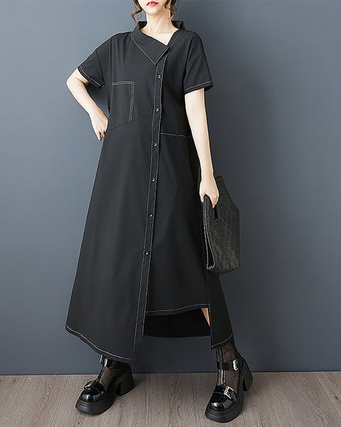 ellazhu Women's Dress Solid Short Sleeve Button Down Irregular Hem Two Side Pockets Cowlneck Casual Fashion Plus Size GZ556 A Black