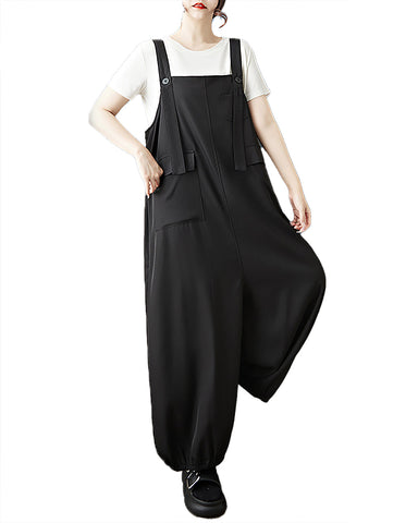 ellazhu Women's Pants Solid Two Side Pockets Plus Size Casual Fashion Summer GZ557 Black
