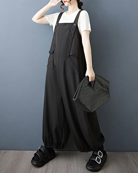 ellazhu Women's Pants Solid Two Side Pockets Plus Size Casual Fashion Summer GZ557 Black