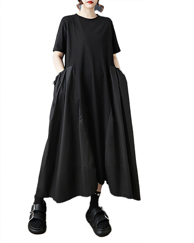 ellazhu Women's Dress Plus Size Drawstring Solid Crewneck Short Sleeve Midi Pockets GZ558 Black