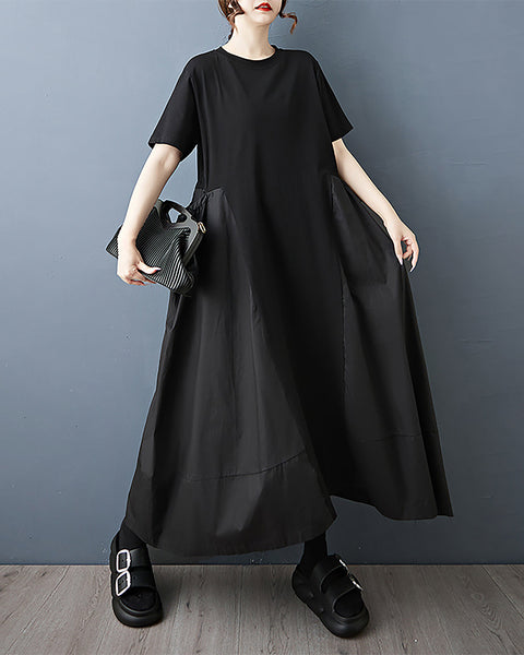 ellazhu Women's Dress Plus Size Drawstring Solid Crewneck Short Sleeve Midi Pockets GZ558 Black