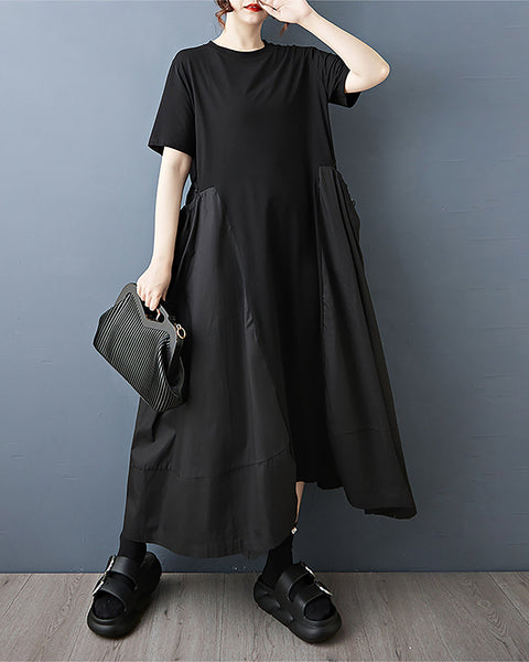ellazhu Women's Dress Plus Size Drawstring Solid Crewneck Short Sleeve Midi Pockets GZ558 Black