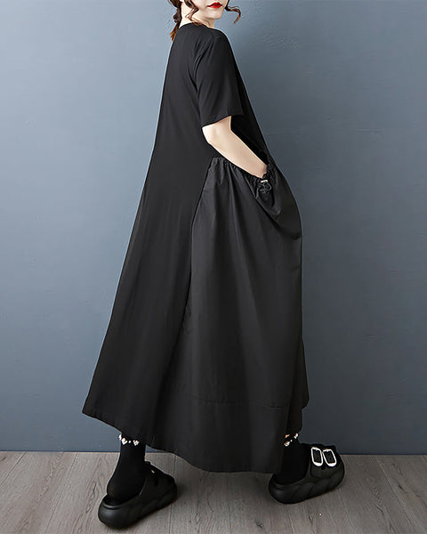 ellazhu Women's Dress Plus Size Drawstring Solid Crewneck Short Sleeve Midi Pockets GZ558 Black