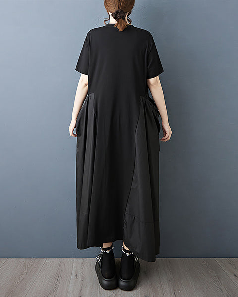 ellazhu Women's Dress Plus Size Drawstring Solid Crewneck Short Sleeve Midi Pockets GZ558 Black