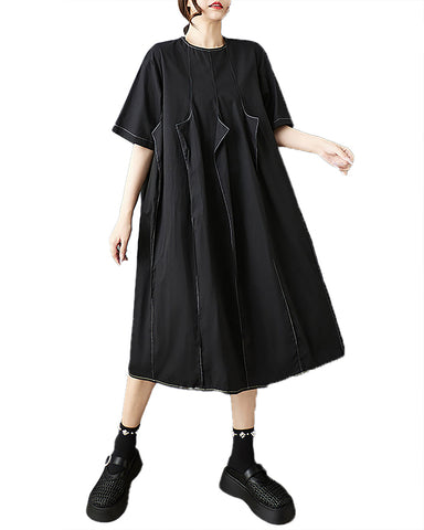ellazhu Women's Dress Crewneck Short Sleeve Solid Plus Size Flowy Hem Summer Fashion GZ559 Black