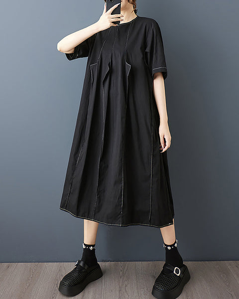 ellazhu Women's Dress Crewneck Short Sleeve Solid Plus Size Flowy Hem Summer Fashion GZ559 Black