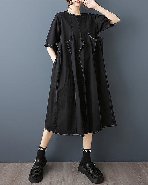 ellazhu Women's Dress Crewneck Short Sleeve Solid Plus Size Flowy Hem Summer Fashion GZ559 Black