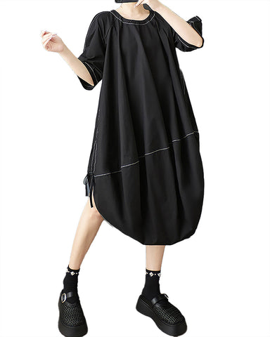 ellazhu Women's Dress Crewneck Short Sleeve Solid Lantern Dress Irregular Hem Plus Size Summer Casual Fashion GZ560 A