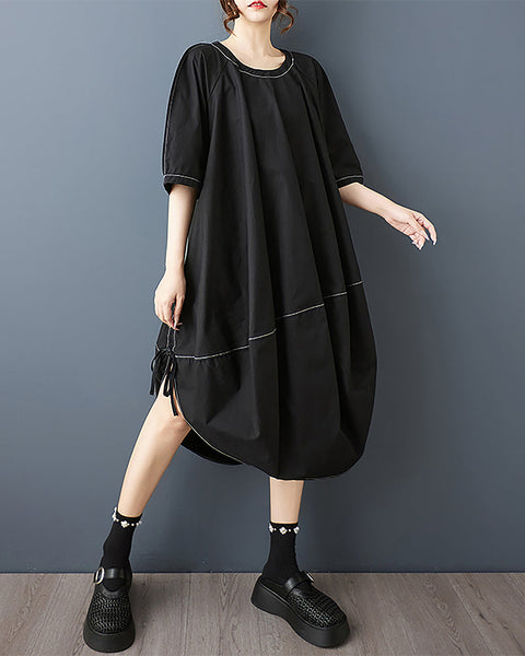ellazhu Women's Dress Crewneck Short Sleeve Solid Lantern Dress Irregular Hem Plus Size Summer Casual Fashion GZ560 A