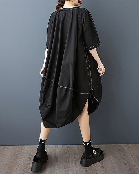 ellazhu Women's Dress Crewneck Short Sleeve Solid Lantern Dress Irregular Hem Plus Size Summer Casual Fashion GZ560 A