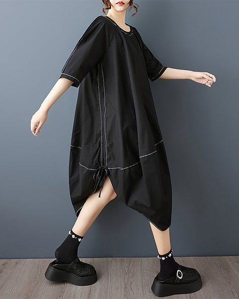 ellazhu Women's Dress Crewneck Short Sleeve Solid Lantern Dress Irregular Hem Plus Size Summer Casual Fashion GZ560 A
