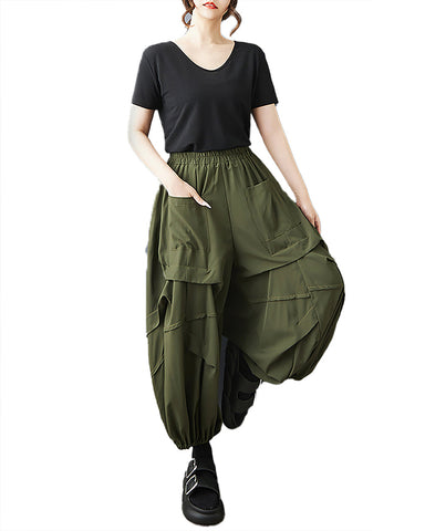 ellazhu Women's Pants Elastic Waist Two Pockets Solid Plus Size Lantern-Shape Wide Leg Casual Fashion Summer GZ561 Army Green
