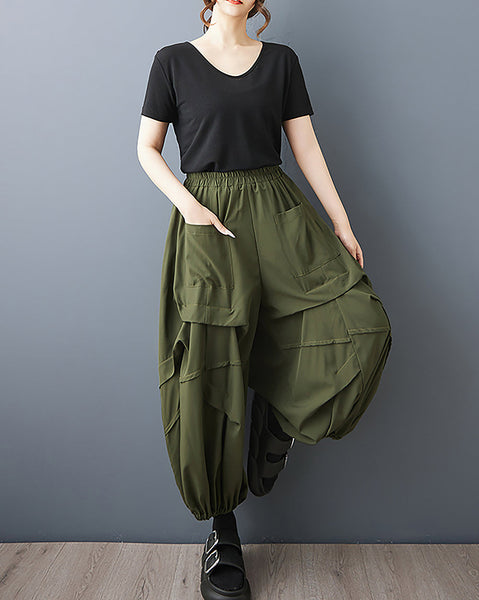 ellazhu Women's Pants Elastic Waist Two Pockets Solid Plus Size Lantern-Shape Wide Leg Casual Fashion Summer GZ561 Army Green