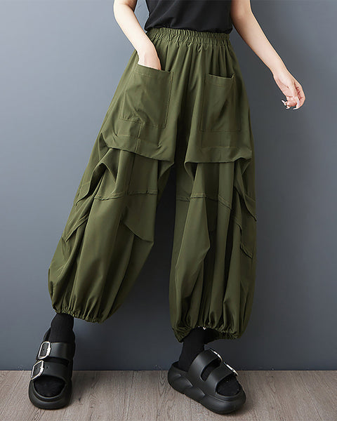 ellazhu Women's Pants Elastic Waist Two Pockets Solid Plus Size Lantern-Shape Wide Leg Casual Fashion Summer GZ561 Army Green