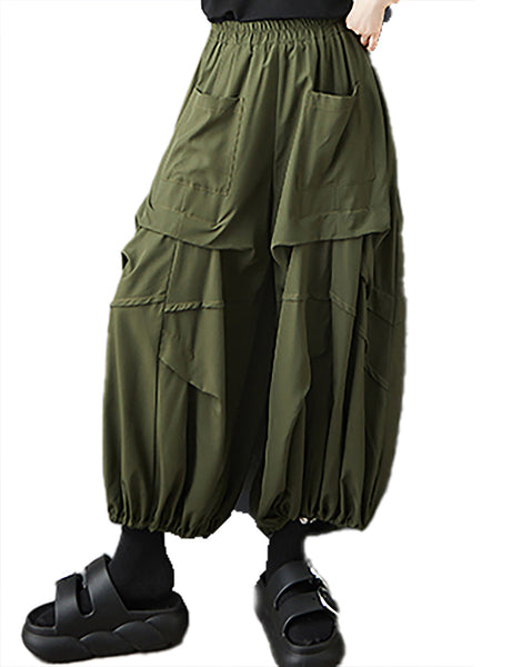 ellazhu Women's Pants Elastic Waist Two Pockets Solid Plus Size Lantern-Shape Wide Leg Casual Fashion Summer GZ561 Army Green
