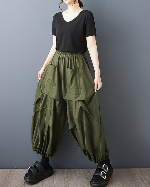 ellazhu Women's Pants Elastic Waist Two Pockets Solid Plus Size Lantern-Shape Wide Leg Casual Fashion Summer GZ561 Army Green