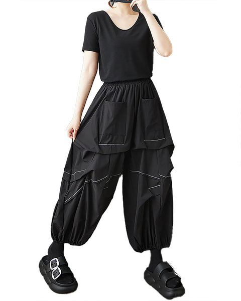 ellazhu Women's Pants Elastic Waist Two Pockets Solid Plus Size Lantern-Shape Wide Leg Casual Fashion Summer GZ561 Army Green