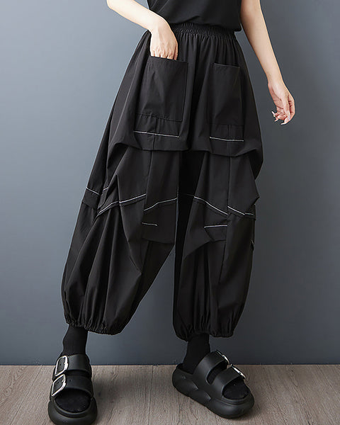 ellazhu Women's Pants Elastic Waist Two Pockets Solid Plus Size Lantern-Shape Wide Leg Casual Fashion Summer GZ561 Army Green