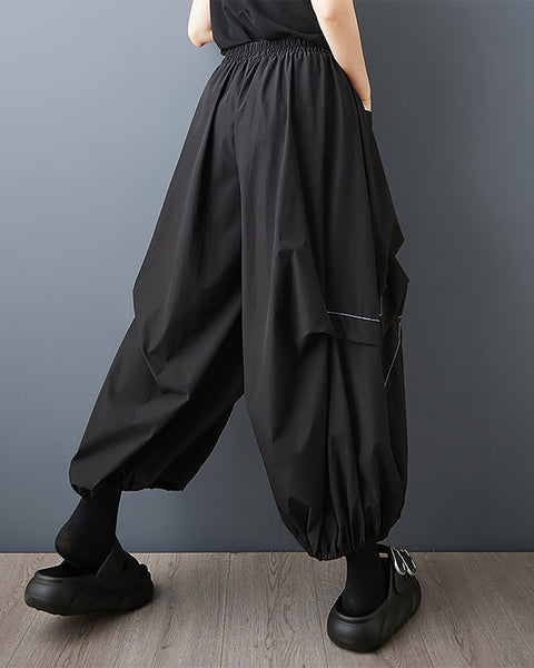 ellazhu Women's Pants Elastic Waist Two Pockets Solid Plus Size Lantern-Shape Wide Leg Casual Fashion Summer GZ561 Army Green