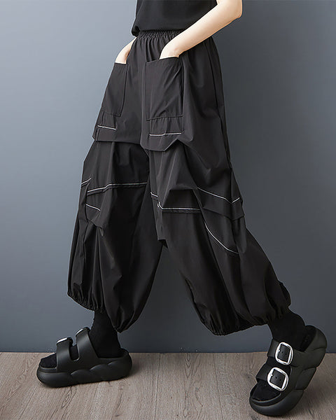 ellazhu Women's Pants Elastic Waist Two Pockets Solid Plus Size Lantern-Shape Wide Leg Casual Fashion Summer GZ561 Army Green