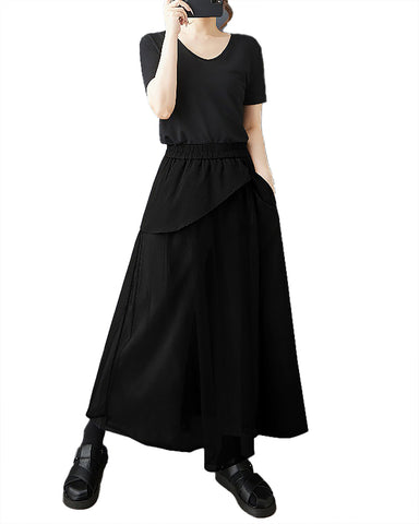 ellazhu Women's Pants Pathwork Elastic Waist Side Pocket Tulle Casual Plus Size Fashion GZ562 Black