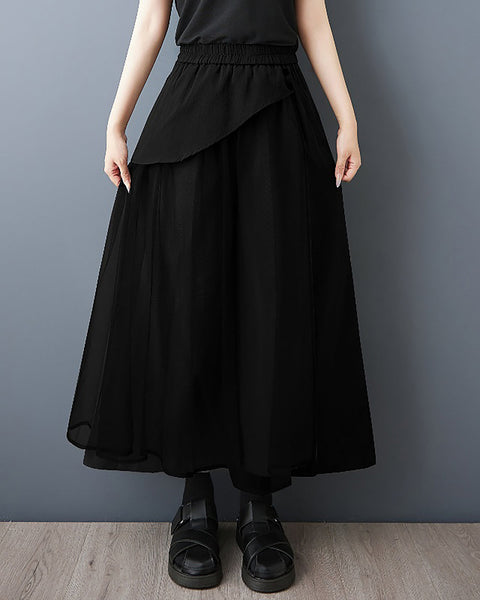 ellazhu Women's Pants Pathwork Elastic Waist Side Pocket Tulle Casual Plus Size Fashion GZ562 Black
